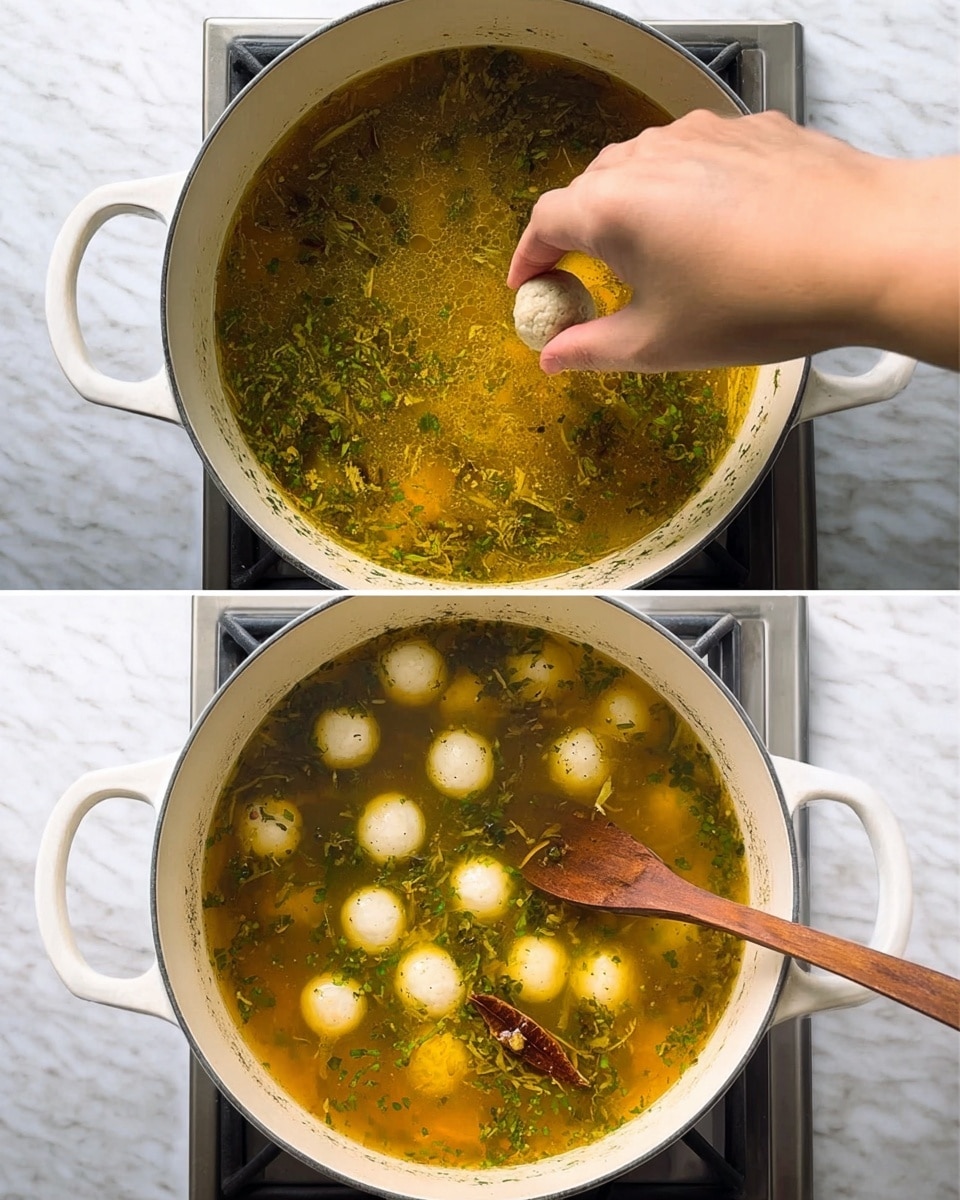 Two images show a white pot of yellowish broth soup with green herbs floating on top. In the first image, a woman's hand places a small round ball of food into the soup, which has a slightly oily surface and visible bits of herbs and spices mixed in. The second image has many small white balls evenly spread in the broth, with a wooden spoon stirring the soup from the left side and a whole dark brown spice pod floating near the spoon. The pot is on a stove with a white marbled surface beneath. Photo taken with an iphone --ar 4:5 --v 7