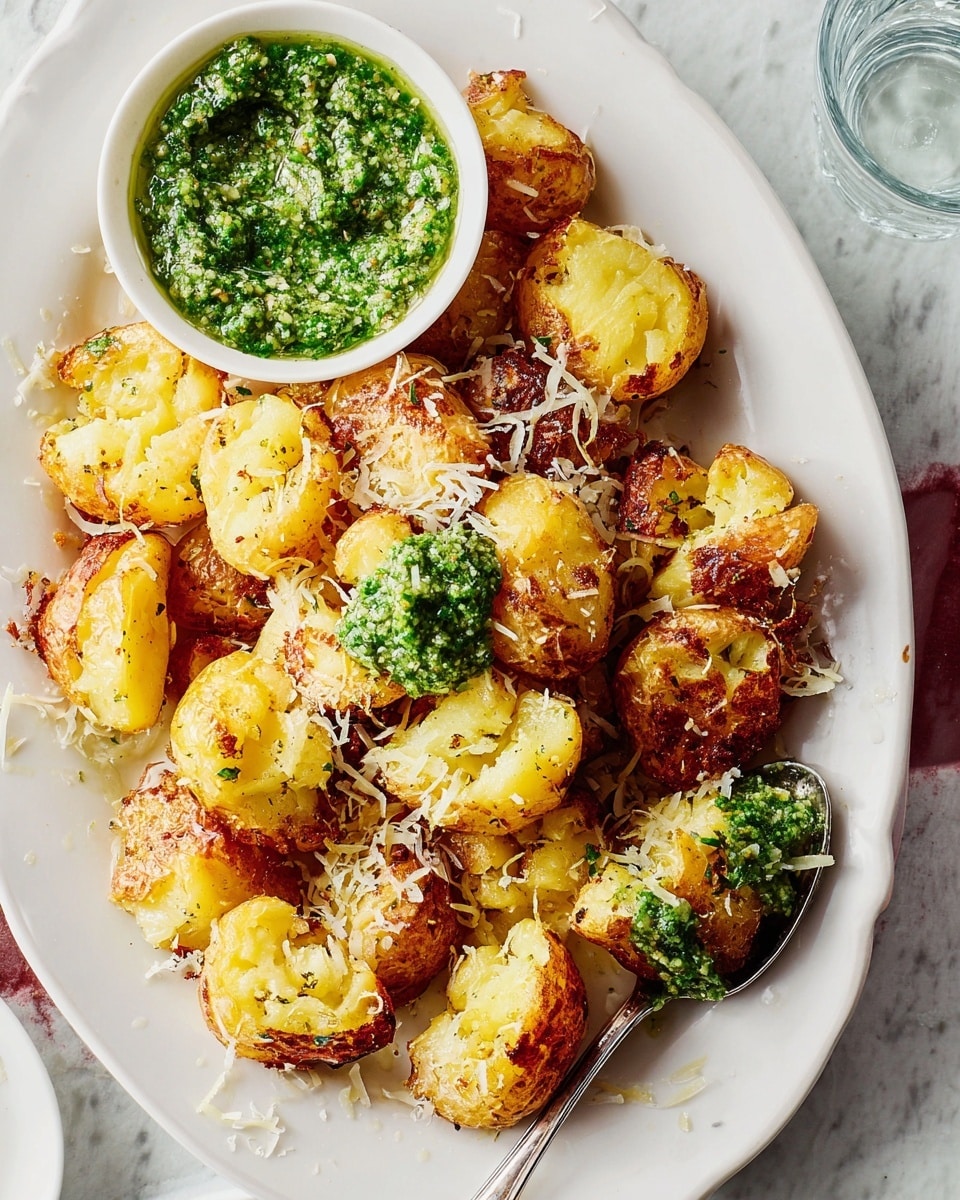 The image shows a white oval plate filled with small, smashed roasted potatoes that have a crispy, golden-brown skin and soft, light yellow inside. The potatoes are sprinkled with fine, pale yellow grated cheese, some melting slightly on top. On one side of the plate, there is a small white bowl filled with a chunky green sauce, which looks creamy and textured. A metal spoon is placed on the plate, resting on some potatoes, with one potato near the spoon topped with a dollop of the green sauce. The scene is set on a white marbled surface, with a glimpse of a clear glass of water nearby. Photo taken with an iphone --ar 4:5 --v 7