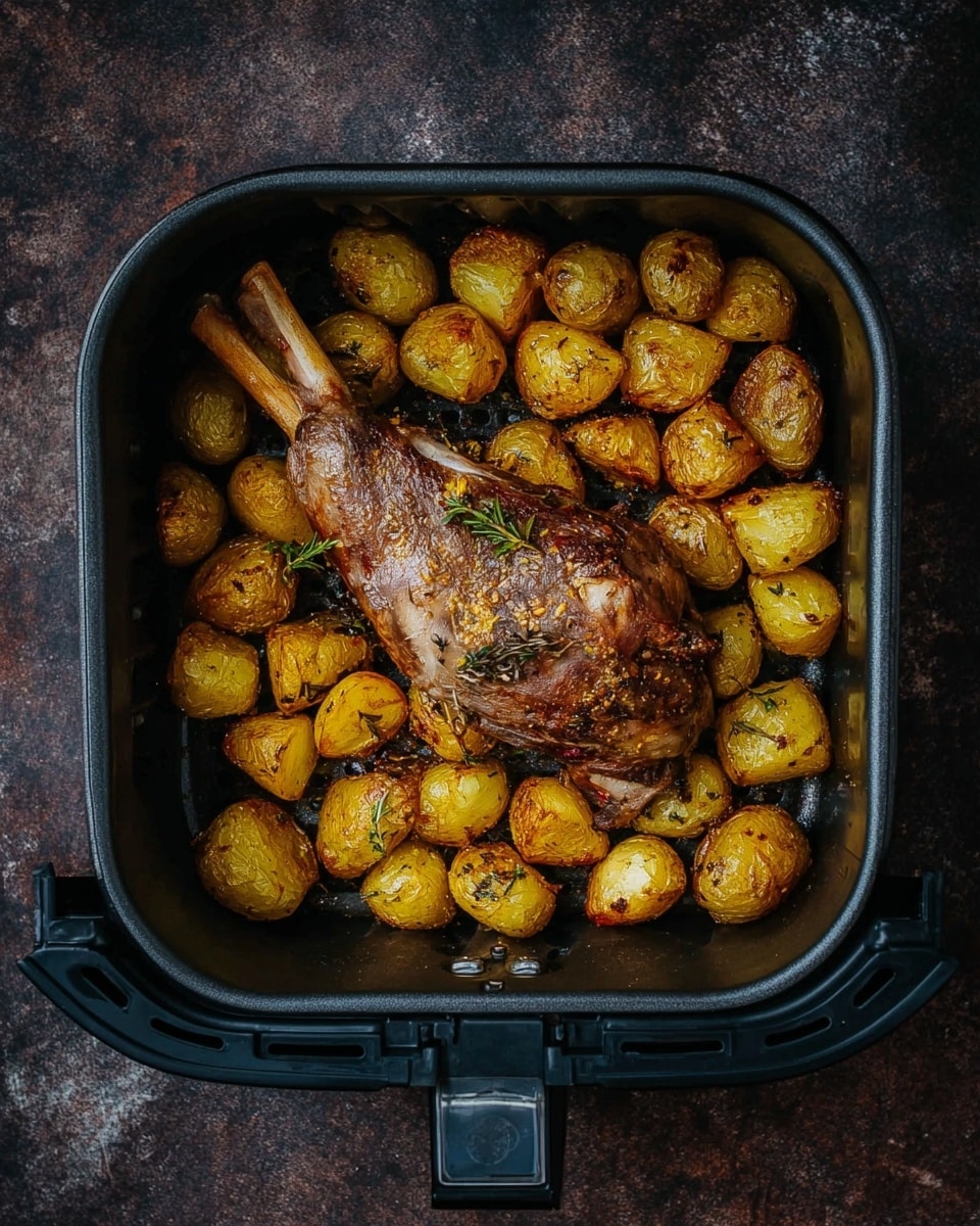 A dark square air fryer basket filled with one large cooked lamb shank placed in the center, surrounded by many golden roasted potato chunks. The lamb shank has a browned, slightly crispy texture with visible seasoning and a few sprigs of herbs on top, while the potatoes are a warm yellow-brown color with a roasted texture and some herb speckles. The whole basket sits on a dark, richly textured surface. Photo taken with an iphone --ar 4:5 --v 7