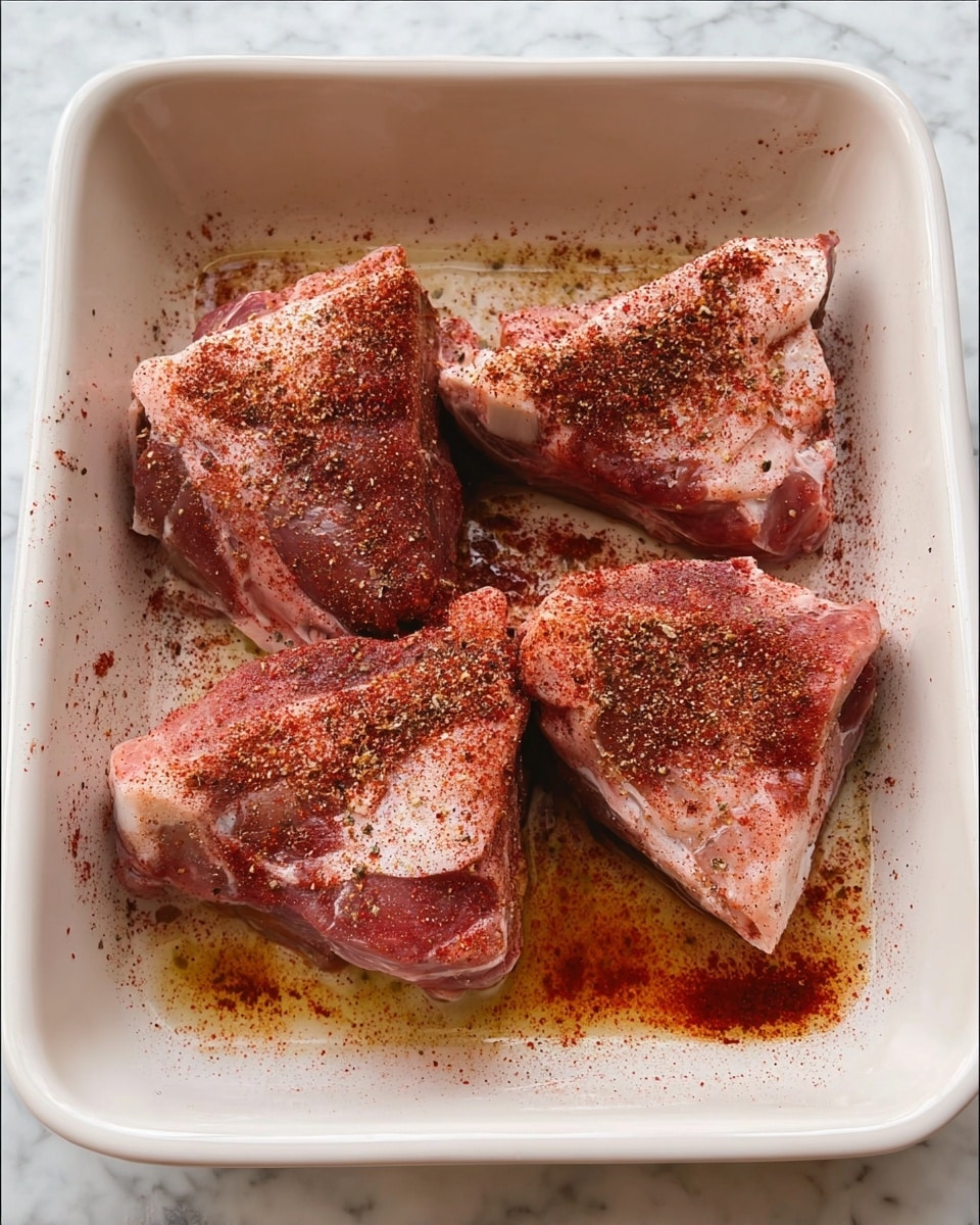 A white rectangular baking dish holds four raw pieces of meat, each with a thick triangular shape and visible bones. The meat is light pink with patches of white fat and is covered evenly with a dark red powdery spice. Some of the dish's bottom shows a thin glaze of oil, reflecting light. The dish sits on a white marbled surface. photo taken with an iphone --ar 4:5 --v 7