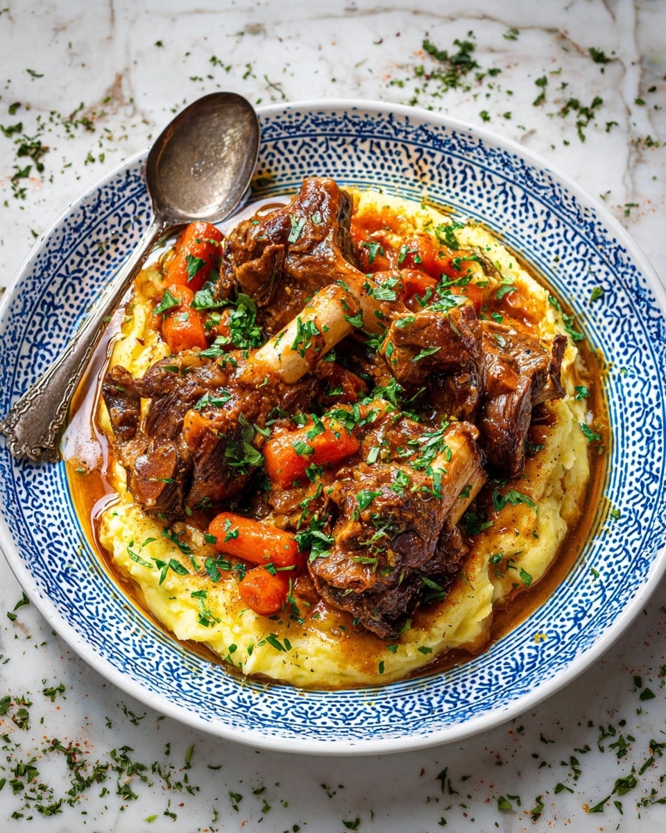 A white plate with blue geometric patterns holds a layered dish starting with a creamy layer of yellow mashed potatoes spread evenly on the bottom. On top of the mashed potatoes, there are several large brown cooked meat pieces with bones showing, tender and glazed with a rich brown sauce. Bright orange carrot chunks and green chopped herbs are scattered over the meat and potatoes, adding color and freshness. A silver spoon rests on the side of the plate, and the background is a white marbled surface with small green herb bits sprinkled around the plate. Photo taken with an iphone --ar 4:5 --v 7