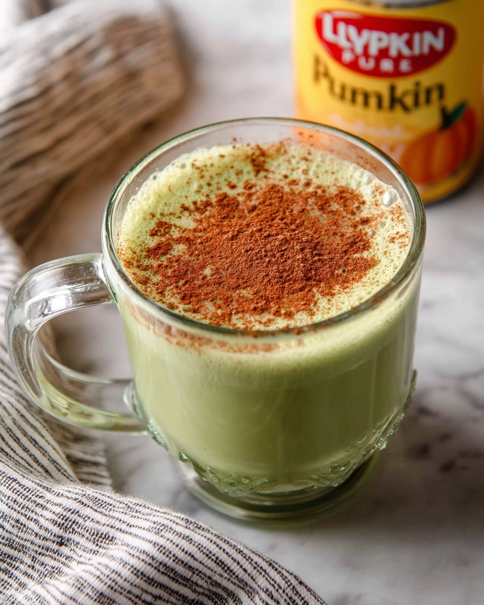 A clear glass mug is filled with a creamy green drink that has three visible layers: a thin bright green layer settled at the bottom, a thick light green middle layer with a smooth texture, and a light foam layer on top with small bubbles. The handle of the mug is on the right side. The mug sits on a white marbled surface with a blurred white subway tile background. A can with yellow and red colors and a striped cloth are softly out of focus in the background. photo taken with an iphone --ar 4:5 --v 7