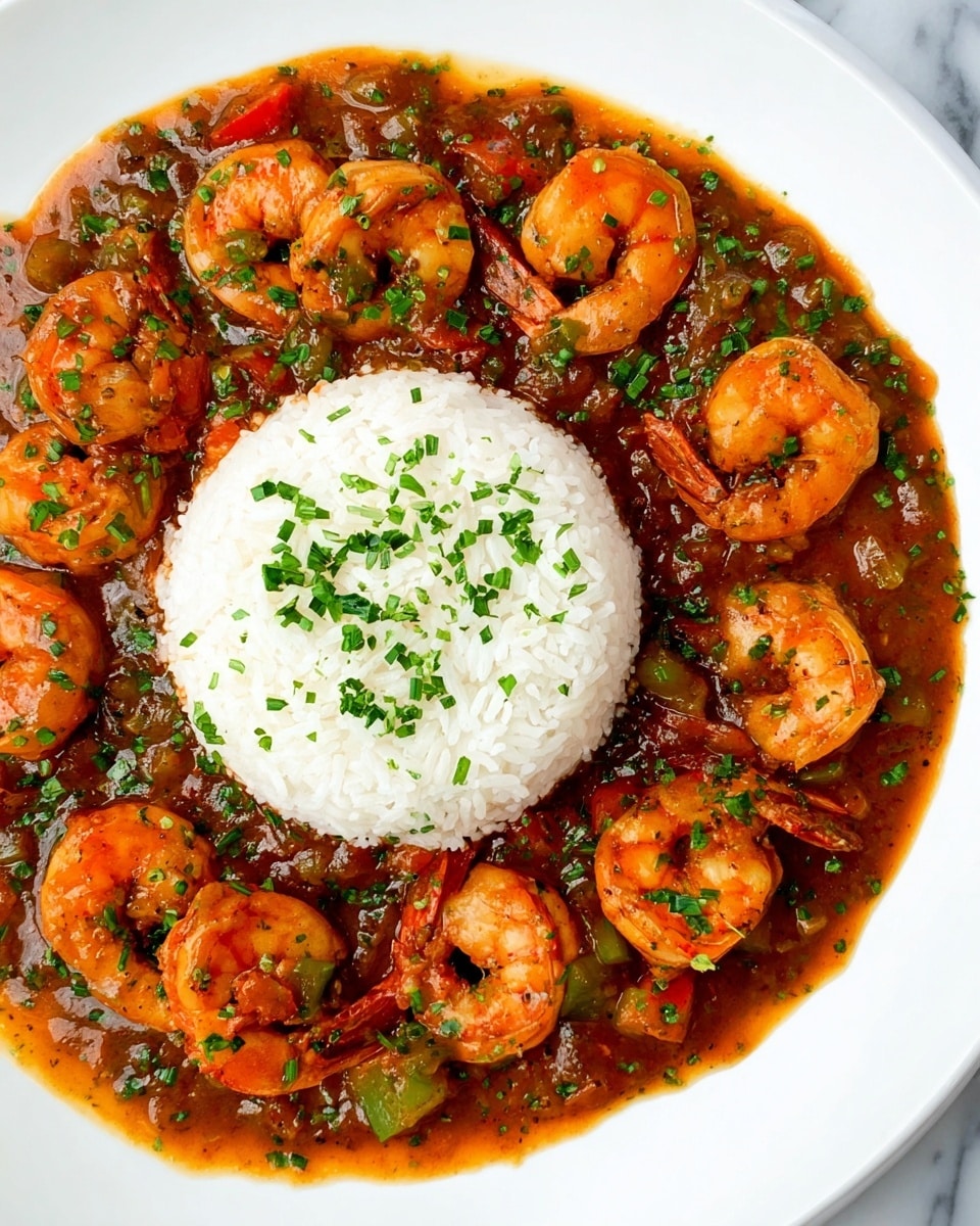 A white plate holds a round mound of white rice in the center, topped with small green herb pieces. Surrounding the rice is a thick orange-brown sauce with cooked shrimp that are bright orange with pink tails, mixed with small chunks of red and green bell peppers and bits of herbs. The shrimp and sauce form a circle around the rice, with the herbs sprinkled lightly on top. The plate sits on a white marbled surface. Photo taken with an iphone --ar 4:5 --v 7