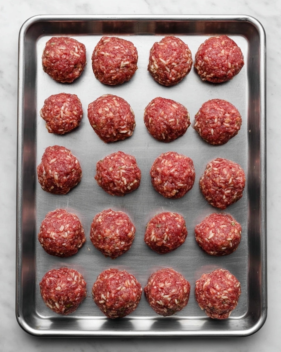 A metal baking tray filled with 15 raw meatballs arranged in three rows of five. Each meatball is round and has a mix of red ground meat and small light-colored bits, likely rice. The meatballs have a rough texture and are evenly spaced out on the tray. The tray sits on a white marbled surface. photo taken with an iphone --ar 4:5 --v 7