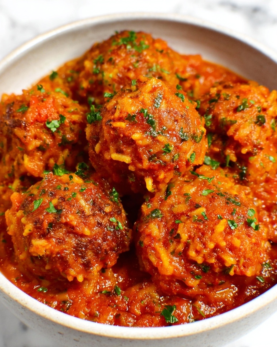 The image shows a close-up of a white bowl filled with several round, orange-red rice balls coated in a thick tomato-based sauce. The rice balls have visible grains of yellowish rice mixed with small bits of green herbs scattered on top and throughout the dish. The texture of the sauce looks slightly chunky, and the dish appears moist and hearty, sitting on a white marbled surface. Photo taken with an iphone --ar 4:5 --v 7