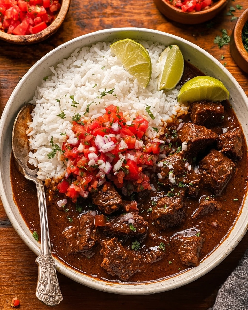 A white bowl filled with rich, dark brown beef stew made of tender beef chunks in thick sauce fills most of the bowl. On top of the stew, a large mound of white rice sits slightly to the right. On top of the rice, there is a layer of fresh, red chopped tomatoes mixed with small white onion pieces and bits of green herbs. To the upper right edge of the bowl, four lime wedges rest against the rice. A detailed silver spoon is inside the bowl on the left side, partially submerged in the stew. The bowl is placed on a wooden surface with some small bowls of extra chopped tomatoes and lime wedges nearby. Photo taken with an iphone --ar 4:5 --v 7