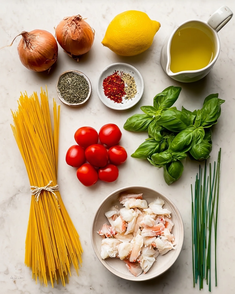 The image shows several cooking ingredients neatly arranged on a white marbled surface. There are two brown shallots at the top left, a bright yellow lemon near the center, and a bunch of fresh green basil leaves below the lemon. Towards the top right, a small white bowl holds dried herbs and red chili flakes, next to two garlic cloves. Below the garlic, a bunch of six red cherry tomatoes rests on the vine. At the bottom right, a white bowl is filled with white crab meat pieces. To the left of the crab meat, there are long green chives, and a tied bundle of uncooked yellow spaghetti stands vertically next to them. A small white pitcher filled with a light yellow liquid, likely oil or broth, sits above the chives. photo taken with an iphone --ar 4:5 --v 7