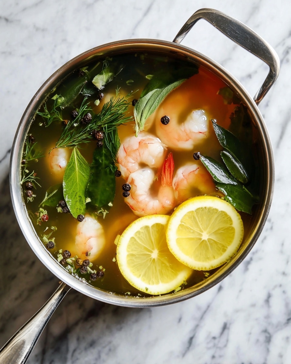 A silver pot filled with clear broth, floating pink and white shrimp scattered throughout, two halves of a bright yellow lemon resting near the bottom right, several dark green leafy herbs with long stems spread on top, and small black peppercorns sprinkled in the liquid, all placed on a white marbled surface photo taken with an iphone --ar 4:5 --v 7