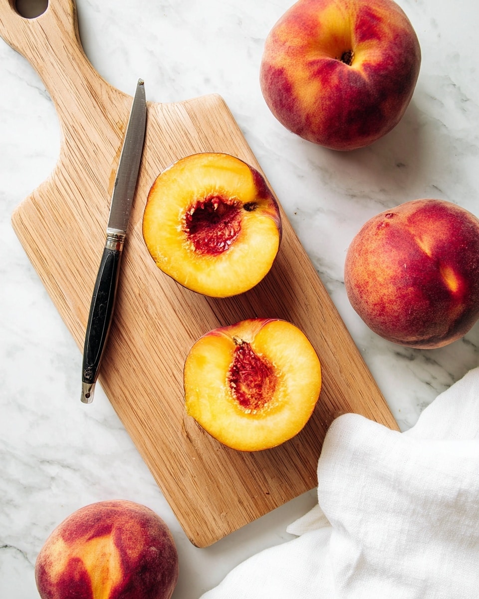 A wooden cutting board sits on a white marbled surface, holding two peach halves with bright yellow flesh and reddish pits in the center. A small knife with a black handle is placed horizontally on the top side of the board. Around the board, there are three whole peaches with red and yellow skin, and a white cloth is partially visible in the lower right corner. The scene is bright and clean with natural lighting photo taken with an iphone --ar 4:5 --v 7