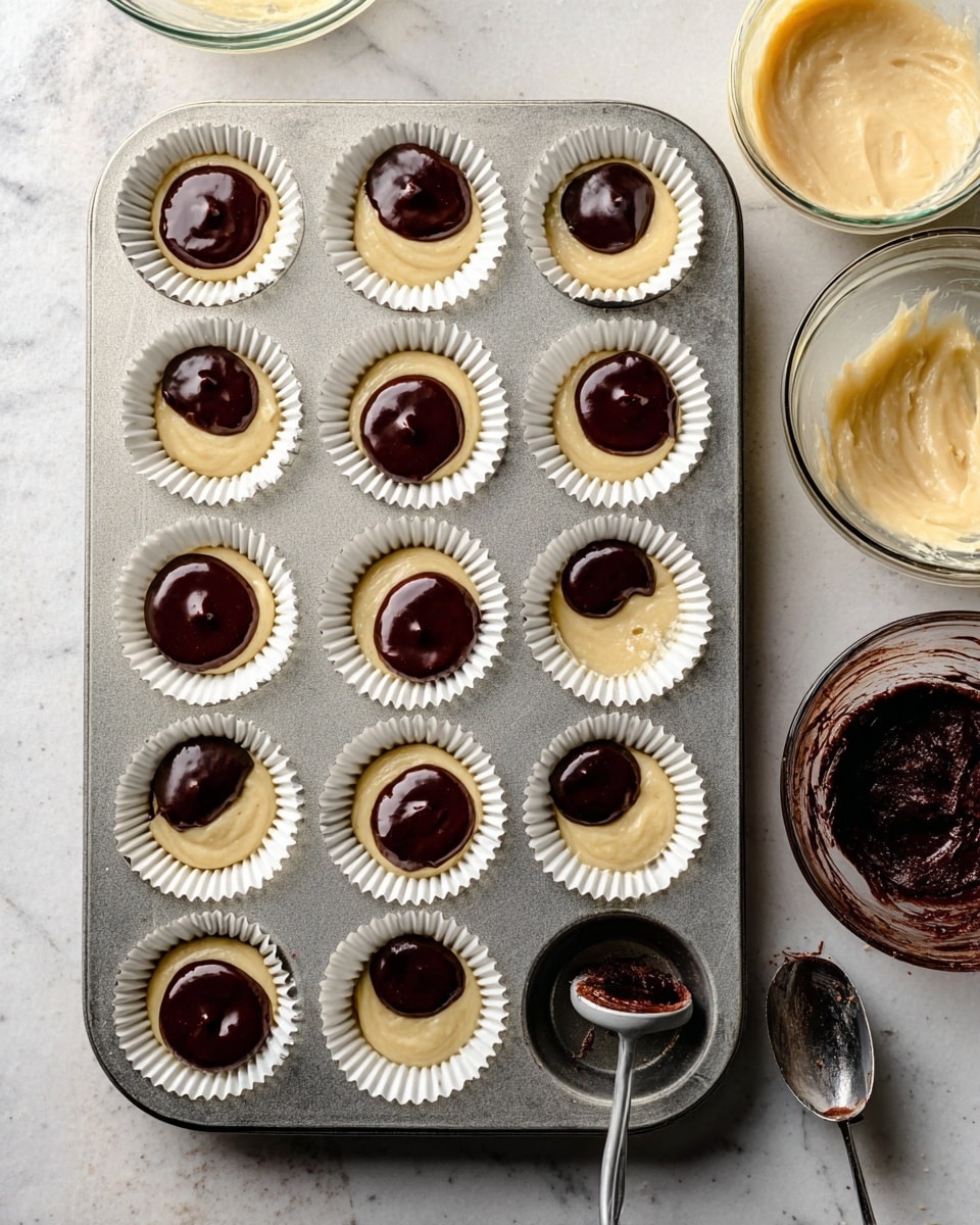 The image shows a metal muffin tray with 12 white paper liners, each filled about halfway with a light cream-colored batter. In the center of each batter portion, there is a dollop of dark chocolate batter, smooth and glossy, creating a two-tone effect in each cup. On the white marbled surface around the tray, there are two clear bowls: one with the light batter and one with the chocolate batter. A metal ice cream scoop with some chocolate batter inside is placed next to the tray. The scene captures the moment just before the batters are mixed or baked, highlighting the contrast between the cream and chocolate layers. Photo taken with an iphone --ar 4:5 --v 7