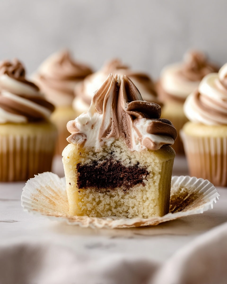 A close-up view of a vanilla cupcake with a chocolate center, showing three layers: the light vanilla cake on the outside, the dark chocolate filling in the middle, and a thick swirl of two-toned frosting on top blending light brown and white colors with a soft, creamy texture. The cupcake is in an open white liner sitting on a white marbled surface, with blurred similar cupcakes in the background. A soft cloth is partly visible in the foreground. Photo taken with an iphone --ar 4:5 --v 7