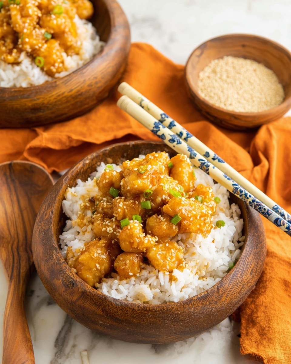 A wooden bowl filled with a base layer of white cooked rice, topped with a generous layer of small, golden brown pieces of chicken coated in a shiny orange sauce, sprinkled with small green chive pieces. The bowl is placed on a white marbled surface with part of an orange cloth underneath. In the background, there is another similar wooden bowl with the same food and a pair of cream-colored chopsticks with blue floral designs resting on its edge. Nearby, a small wooden bowl contains light brown sesame seeds. Photo taken with an iphone --ar 4:5 --v 7