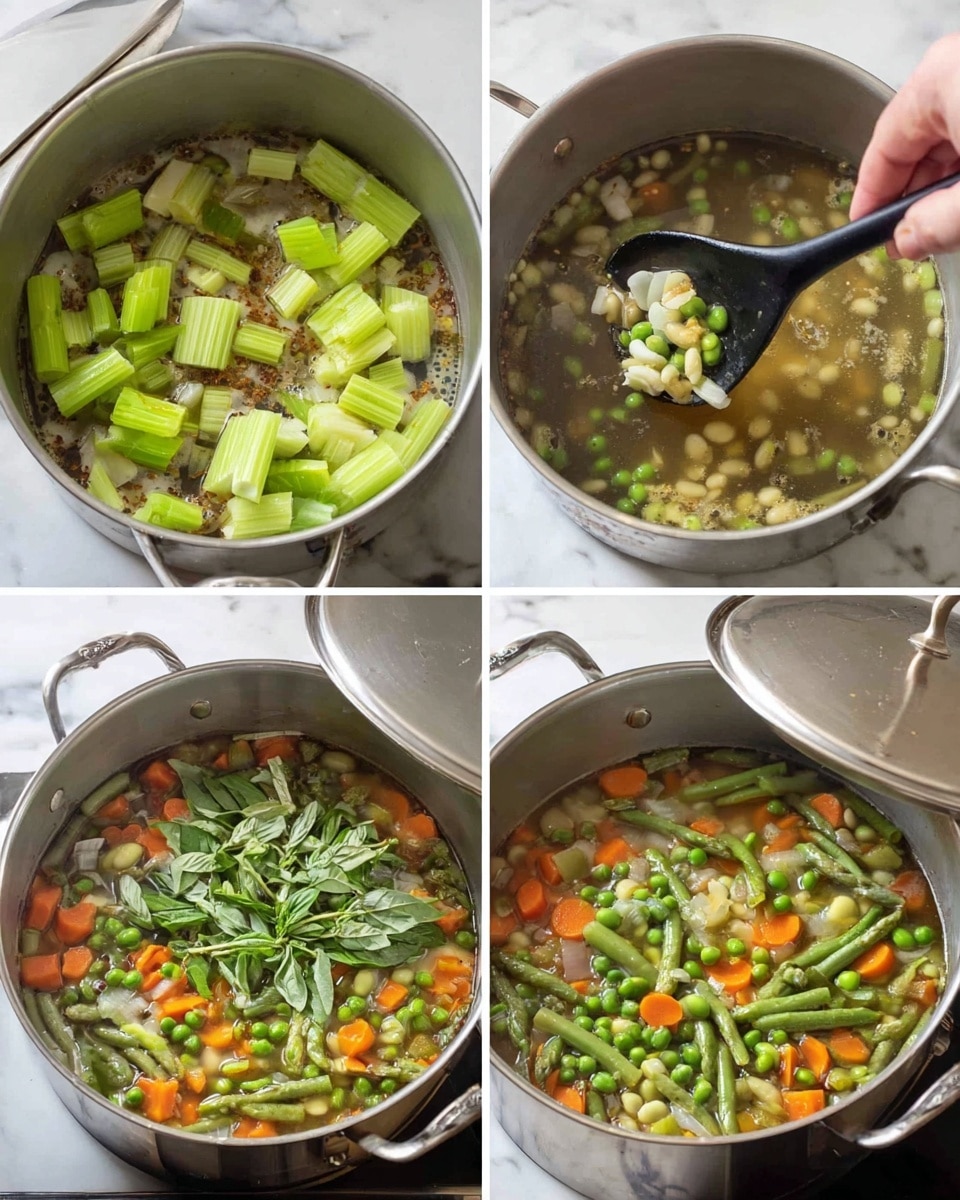 A silver pot contains a cooking process in four steps shown as a collage. In the first step, light green celery slices with small pieces of garlic and onion are lightly browned and spread evenly in the bottom of the pot. The second step shows a black spoon scooping the cooking mixture which now includes light green asparagus stalks, bright green peas, small orange carrot cubes, and white beans, all in a clear broth. The third step features a woman's hand holding the silver lid of the pot partially covering the vegetables and broth inside, showing a simmering scene with the same green vegetables and carrots. The fourth step shows the pot uncovered with the soup simmering, now with fresh, bright green basil leaves added on top of the mixture of peas, carrots, celery, and asparagus in broth. The background is a white marbled texture. photo taken with an iphone --ar 4:5 --v 7