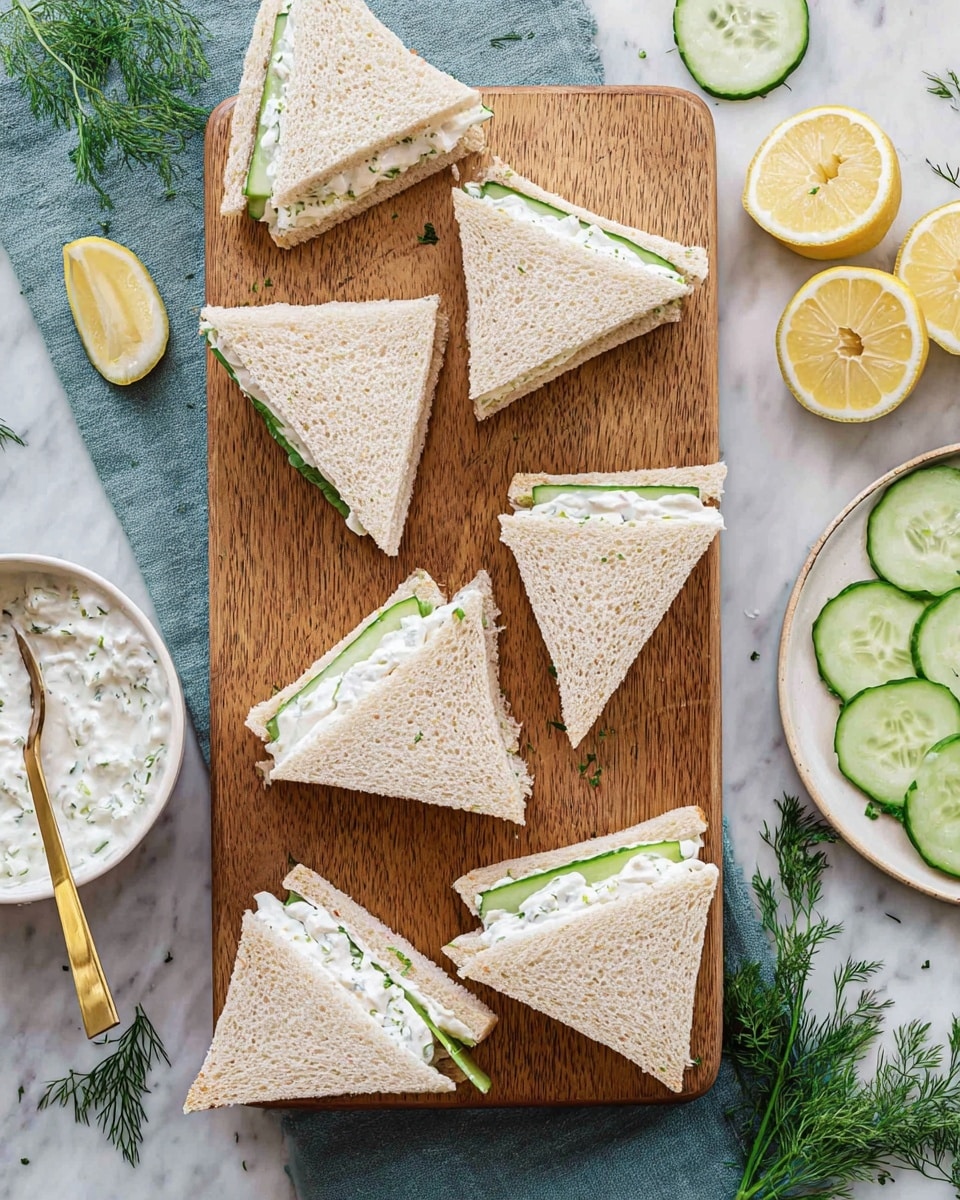 The image shows a wooden board with eight triangular sandwiches made of two soft slices of light brown bread filled with a white creamy spread and thin green cucumber slices. The sandwiches are scattered on the board with some stacked slightly. Around the board, there are lemon halves at the top right, fresh green dill sprigs at the bottom left, a white plate with thin cucumber slices on the right side, and a white bowl of creamy white sauce with green herb bits and a gold spoon inside it, all placed on a white marbled surface. Photo taken with an iphone --ar 4:5 --v 7