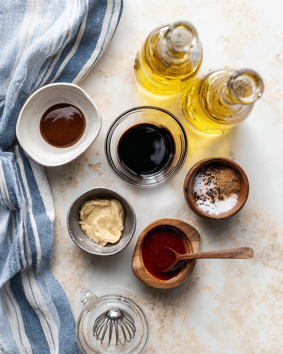 The image shows a flat lay of various sauces and ingredients arranged on a white marbled surface. There is a small white dish with brown sauce at the top right, a clear glass cup filled with dark balsamic vinegar near the center, a small metal cup with a pale, creamy paste at the bottom left, and a small wooden bowl with red sauce near the center right. To the right, there is a metal cup containing a mix of coarse salt and spices. Two bottles of oil with golden-yellow liquid are placed at the top, and a blue and white striped cloth is draped on the left edge. A clear glass lemon juicer is positioned at the bottom center. The scene is bright and clean, with a simple and organized layout photo taken with an iphone --ar 4:5 --v 7