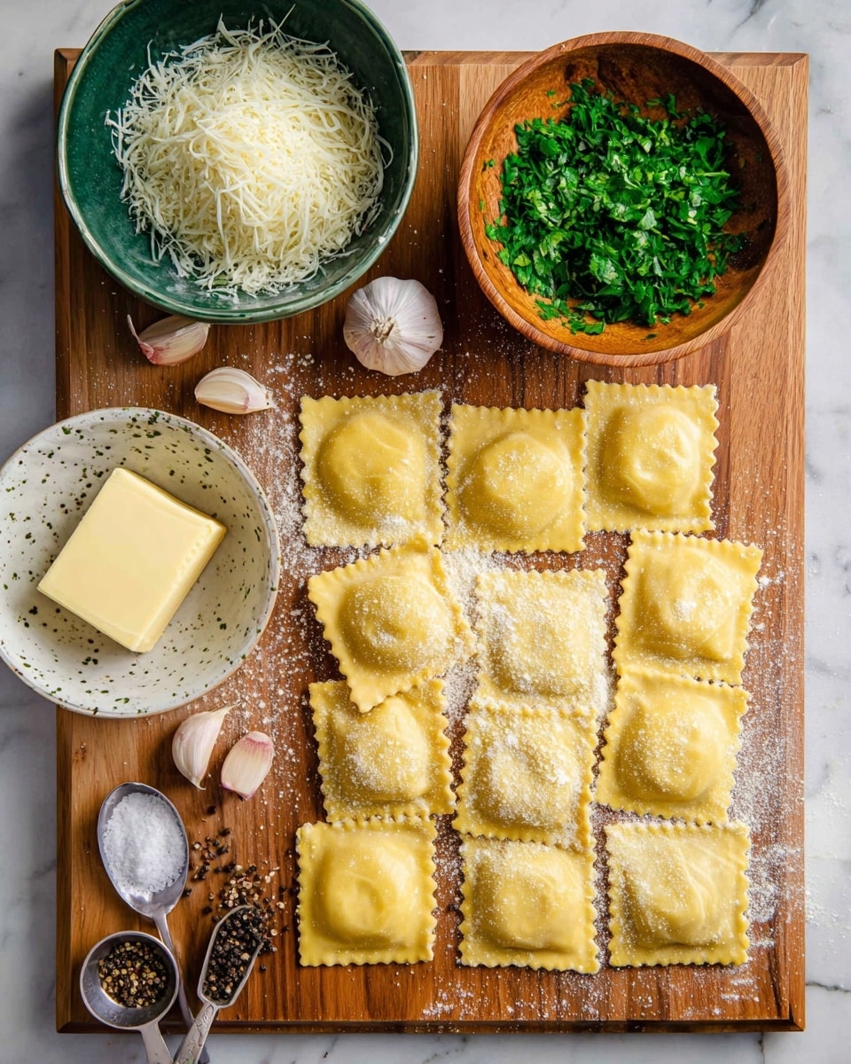 A wooden cutting board is arranged with a layer of raw square ravioli pasta, each having a light yellow color with soft, slightly wrinkled edges and a dusting of flour on top. On the right side of the board, there is a round wooden bowl filled with bright green chopped parsley, below it is a small white bowl with green and brown spots that contains white coarse salt. Nearby, two cloves of garlic rest on the board. Lower on the board, another spotted white bowl holds a medium square block of pale yellow butter. To the left, a dark green bowl is filled with a mound of finely shredded white cheese. Two small spoons with coarse black pepper and small dark red flakes are placed vertically near the bottom right. The entire scene is set on a white marbled surface. Photo taken with an iphone --ar 4:5 --v 7
