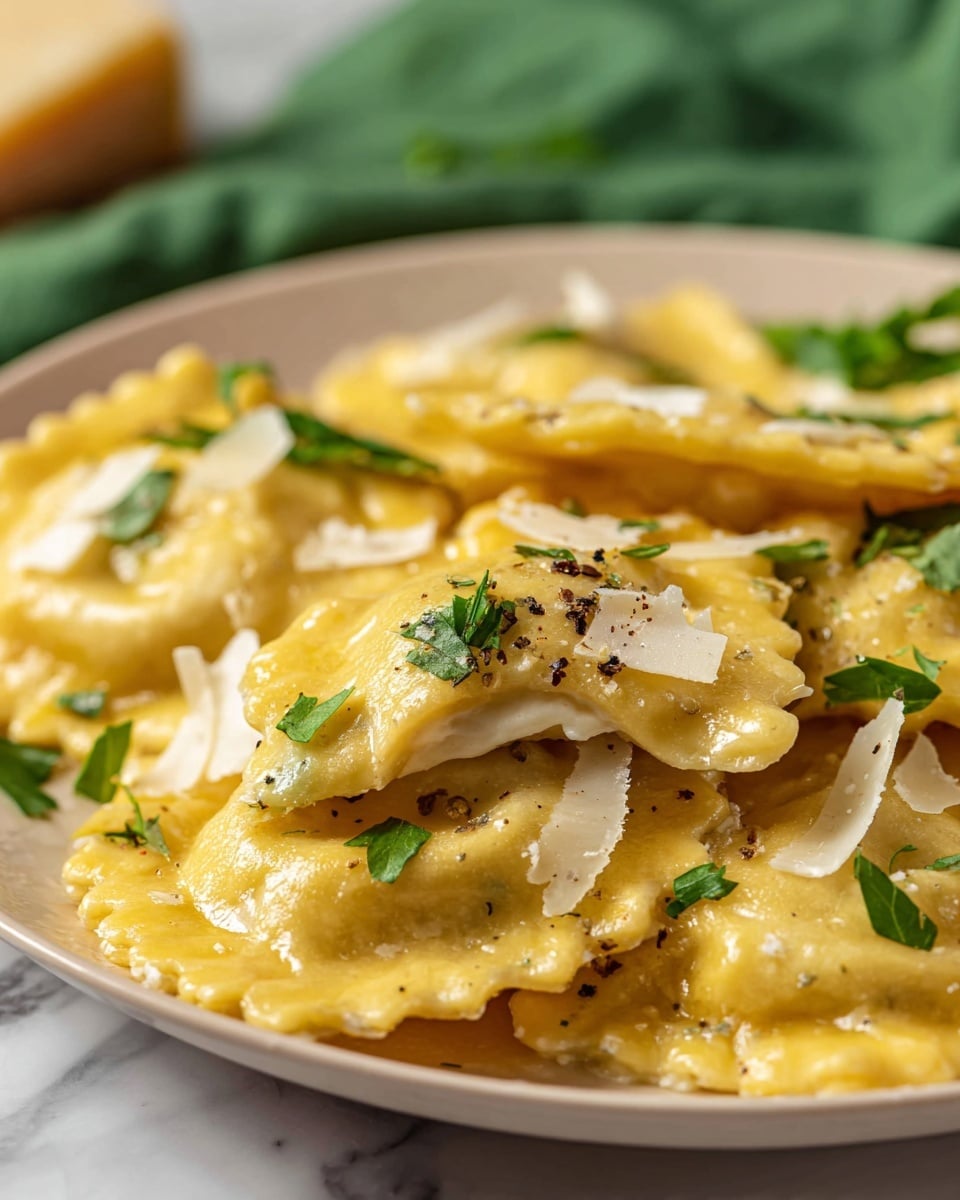 A close-up view of several ravioli pieces piled in a shallow white plate, each ravioli golden yellow with a soft, tender pasta texture. One ravioli is slightly lifted, showing the creamy white filling inside. The ravioli are garnished with small bright green parsley leaves, thin shreds of white cheese scattered on top, and a few black pepper flakes. The background features a blurred green cloth and a white marbled surface underneath. photo taken with an iphone --ar 4:5 --v 7
