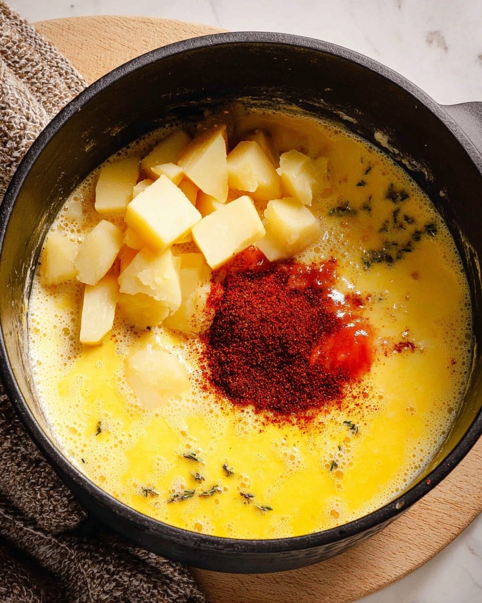 A black pot filled with four layers of ingredients visible from above: the bottom layer is a frothy yellow liquid with small herbs floating, the top left corner has pale yellow cubed pieces stacked closely, the center has a dollop of bright red sauce, and next to it is a small pile of dark red spice powder resting on the yellow liquid. The pot is on a white marbled surface with a glimpse of a textured cloth nearby photo taken with an iphone --ar 4:5 --v 7