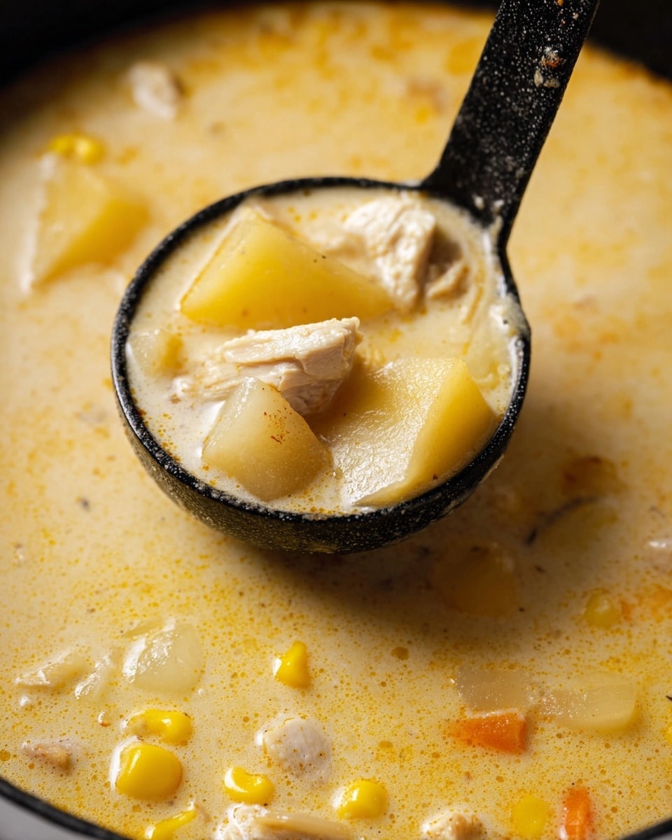 A close-up shot of a black ladle filled with thick creamy soup. The soup has chunks of white chicken meat, bright yellow corn kernels, and soft light yellow potato pieces. The creamy soup base is light yellow with a smooth texture and tiny bubbles on the surface. Pieces of chicken and potato can also be seen floating in the soup outside the ladle over the white marbled texture background. photo taken with an iphone --ar 4:5 --v 7