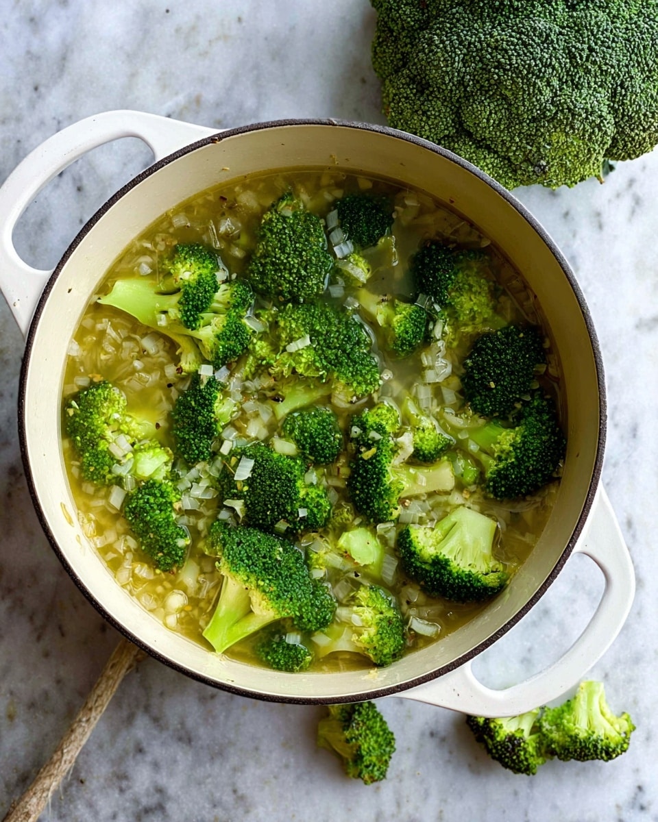 A white pot filled with bright green broccoli florets sitting in a light yellow broth mixed with small pieces of translucent chopped onions on a white marbled surface, with a full broccoli head placed near the top right corner and a few small broccoli pieces scattered around the pot, photo taken with an iphone --ar 4:5 --v 7