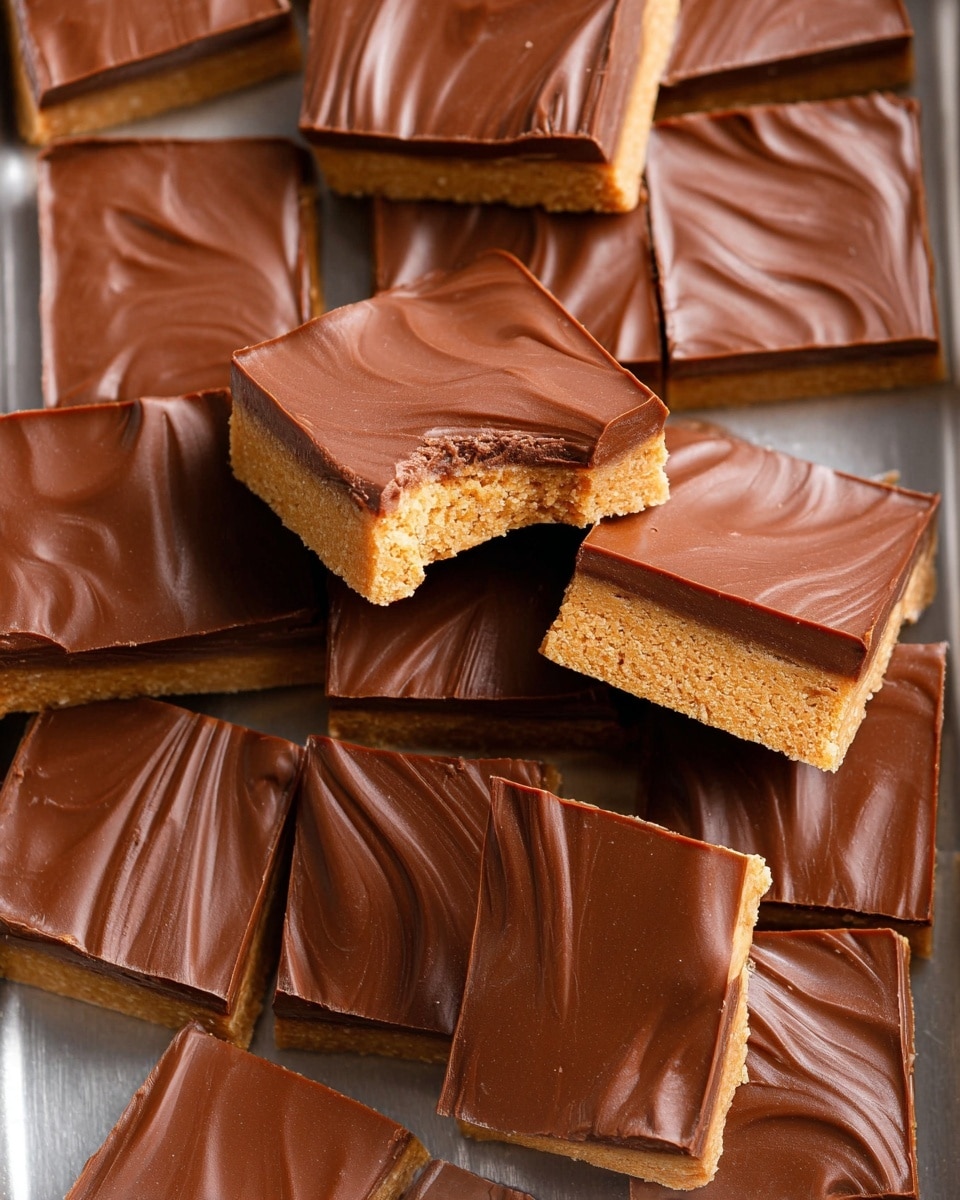 The image shows many square-shaped dessert bars stacked closely on a shiny metal surface. Each bar has two distinct layers: the bottom layer is a light tan color with a crumbly, soft texture, and the top layer is a thick, smooth chocolate coating with gentle waves and slight glossy shine. One square has a bite taken out, revealing the contrast between the crunchy bottom and the creamy chocolate top. The bars are arranged in a somewhat random manner, overlapping and filling almost the entire frame. photo taken with an iphone --ar 4:5 --v 7