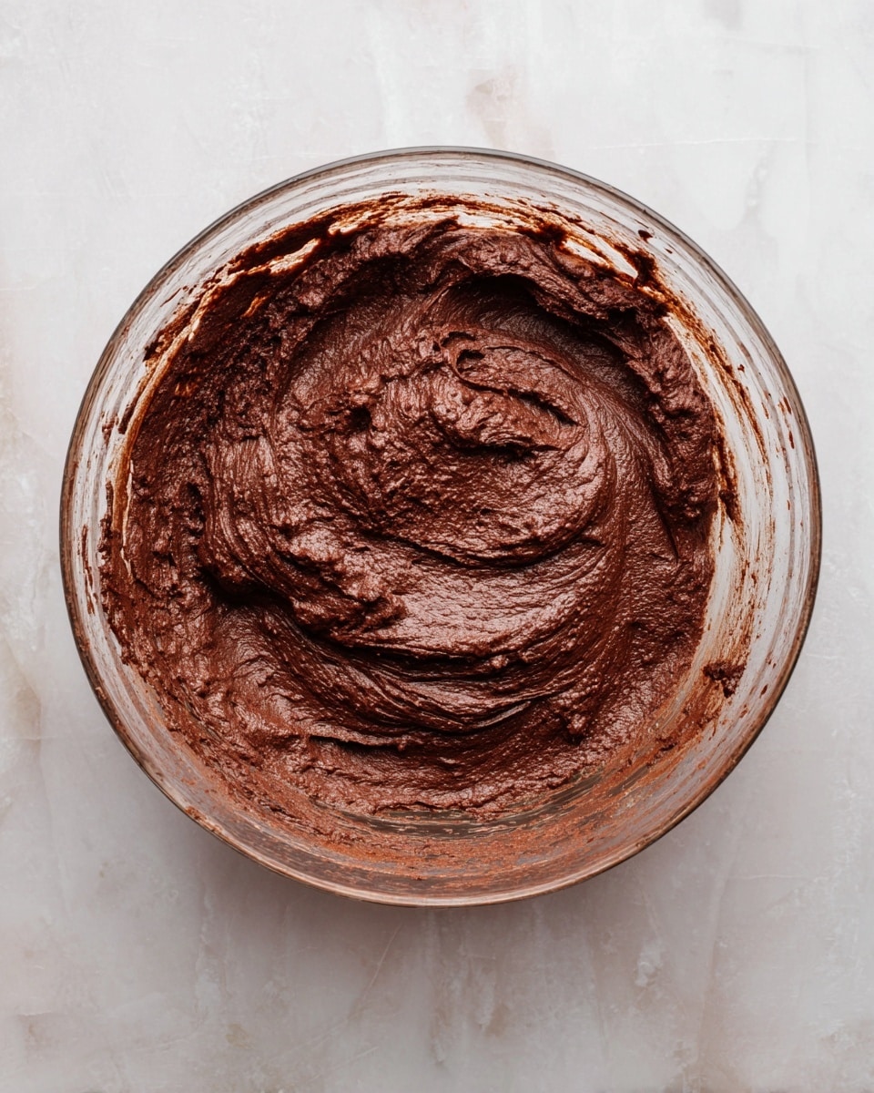 A clear glass bowl sits on a white marbled surface, filled with thick, rich dark brown chocolate batter. The batter has a smooth, slightly textured surface with swirls and peaks from mixing, and some batter clings to the sides of the bowl. The overall mix looks dense and creamy, ready for baking. photo taken with an iphone --ar 4:5 --v 7