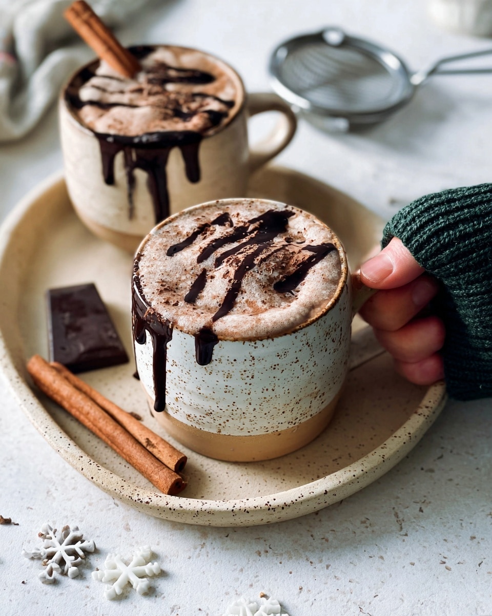 The image shows two ceramic mugs filled with hot chocolate topped with a thick, light brown frothy layer. Dark chocolate syrup is drizzled on top and dripping down the sides of the mugs. One mug is held by a woman’s hand wearing a dark green knitted sleeve, the other sits behind it. The mugs are placed on a beige tray with a speckled pattern, resting on a white marbled surface. Next to the mugs, there are two cinnamon sticks and two small pieces of dark chocolate. In the background, a small metal sieve and white snowflake shapes are slightly out of focus. photo taken with an iphone --ar 4:5 --v 7