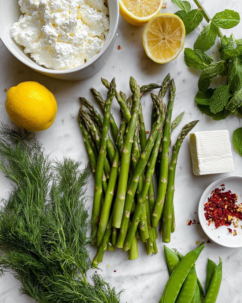 The image shows fresh green asparagus spears arranged in the center on a white marbled surface. To the left, there is a white bowl full of white cottage cheese, next to a whole yellow lemon and a lemon half showing the inside. Below the asparagus, there are bunches of fresh green dill and mint leaves. On the right side, there are green snap peas and a small white bowl with a square of white cheese. Above this bowl, there are red chili flakes scattered on the white marbled surface and another small bunch of green leafy herbs near the top right corner. photo taken with an iphone --ar 4:5 --v 7