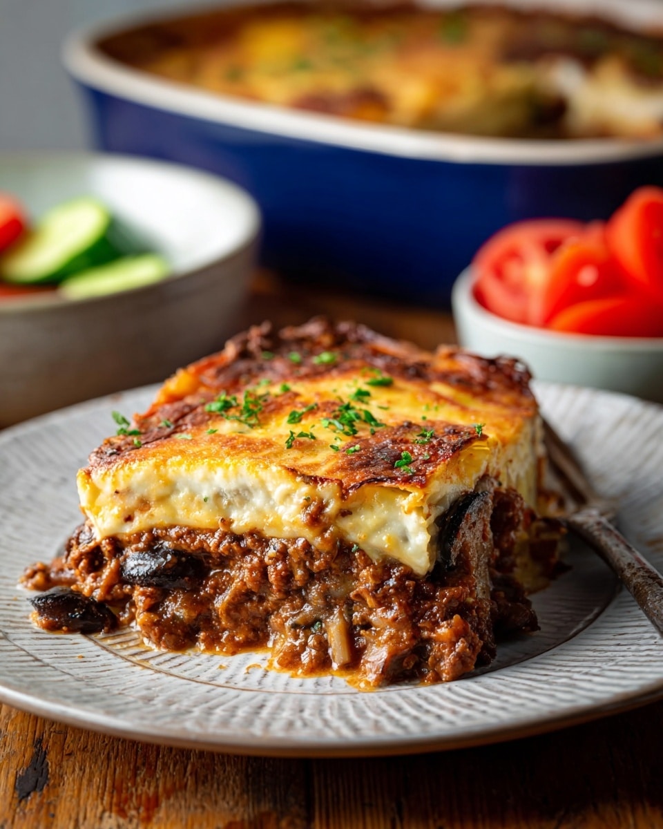 A thick slice of layered casserole sits on a white plate with a textured pattern, placed on a wooden table. The bottom layer is soft and light in color, followed by a rich, chunky dark brown meat sauce layer mixed with bits of mushrooms. Above this is a creamy, slightly browned top layer with a golden-brown crust, sprinkled with small green herbs. In the background, a blue baking dish with more casserole is visible, along with a white bowl holding fresh sliced tomatoes and cucumbers. The photo is taken with an iphone --ar 4:5 --v 7