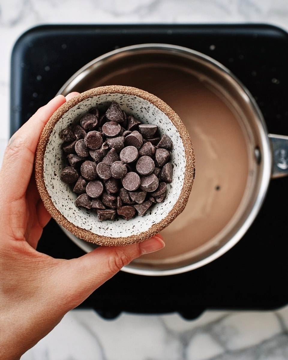 A woman's hand holds a small rustic ceramic bowl filled with shiny dark brown chocolate chips above a silver pot containing a light brown liquid, with the pot resting on a black stovetop. The bowl has a speckled off-white inside and a rough textured outer surface. The background is a white marbled texture. photo taken with an iphone --ar 4:5 --v 7