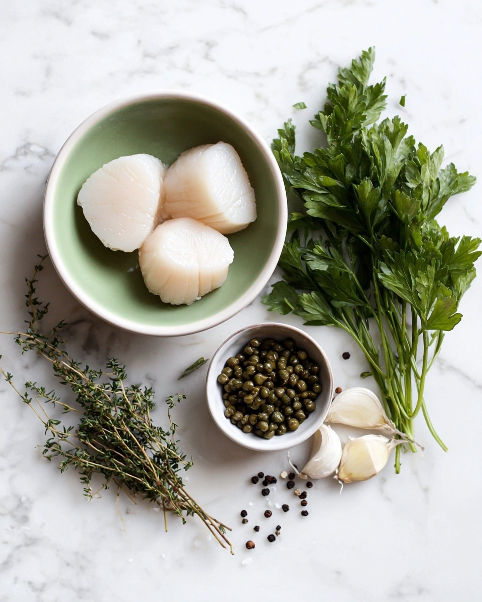 The image shows three raw white pieces of scallops placed together inside a white bowl with a green inner surface, sitting on a white marbled background. To the right, there is a bunch of fresh green parsley leaves and a few partially peeled white garlic cloves. Below the bowl of scallops, there is a sheaf of fresh thyme with slender green stems and small leaves. A small white bowl filled with dark green capers is positioned nearby on the same surface. Scattered loose black peppercorns add small round details around the ingredients. photo taken with an iphone --ar 4:5 --v 7