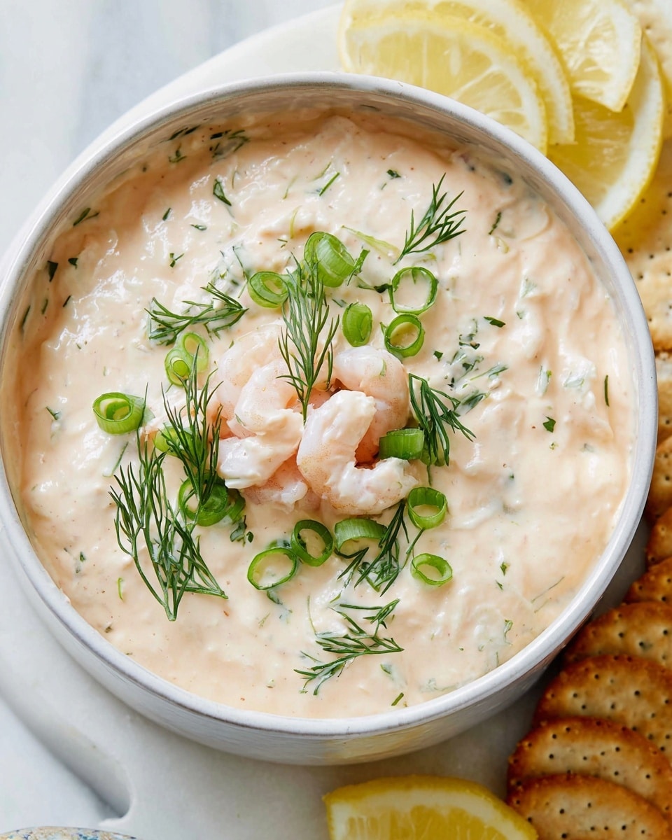 A white, shallow bowl filled with a creamy, beige dip that has a thick, slightly lumpy texture. On the top, small, light pink shrimp pieces are clustered near the center. Bright green sliced scallions and delicate sprigs of dark green dill are scattered evenly across the creamy surface, adding contrast and a fresh look. The bowl is placed on a white marbled surface, next to a few lemon wedges showing their bright yellow inside and several round crackers arranged in a slight arc. Photo taken with an iphone --ar 4:5 --v 7