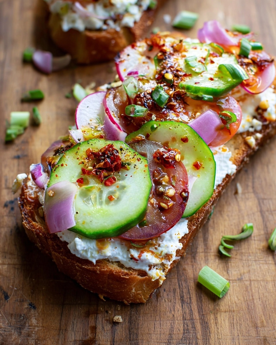 A piece of toasted bread with a golden brown crust forms the base layer, topped thickly with white creamy cheese spread. On top of this are thin slices of light green cucumber, followed by slices of dark reddish-purple tomatoes. Over the vegetables, there are small pieces of light purple radish slices and thin slices of green onion scattered all over. The top is finished with a drizzle of dark red chili oil and bits of red chili flakes, adding a shiny and textured appearance. The toast sits on a wooden board with some small green onion pieces around it. photo taken with an iphone --ar 4:5 --v 7