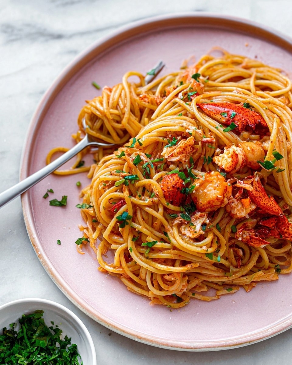 A pale pink plate holds a heap of spaghetti noodles coated in a light red sauce, mixed with small pieces of orange-red lobster and garnished with chopped green herbs scattered on top and around the noodles. The pasta is thick and slightly twisted together, with some lobster claws visible among the layers. A silver fork is placed resting on the left side of the plate, partially under the pasta. The plate sits on a white marbled surface, with a small white bowl containing green chopped herbs placed nearby. photo taken with an iphone --ar 4:5 --v 7
