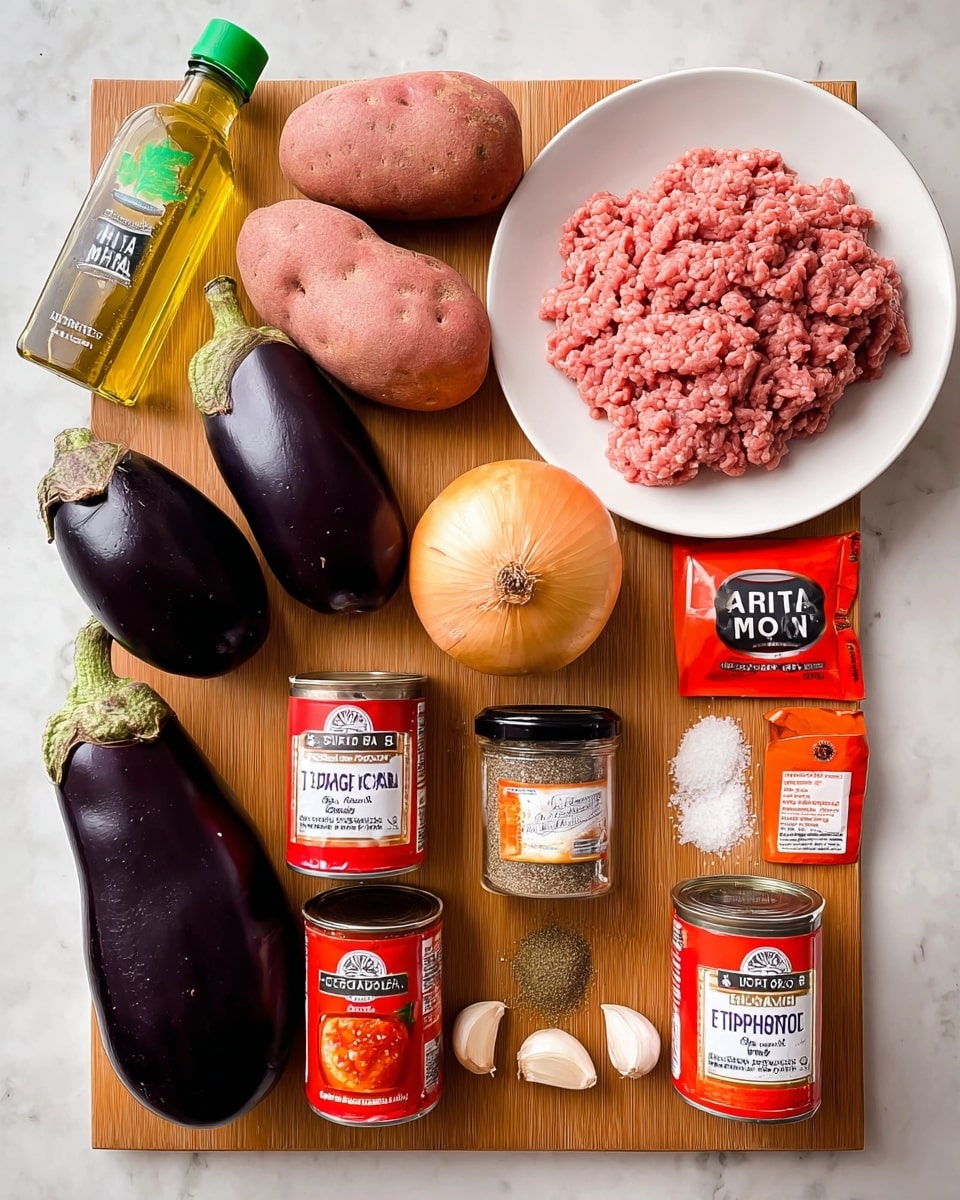 A wooden board with raw ingredients arranged neatly on a white marbled surface background. There are two large dark purple eggplants at the bottom left, three reddish-brown potatoes above them, and a whole yellow onion near the center right. To the right side, on a white plate, is a pile of raw pink ground meat. Two red and white cans of chopped tomatoes are in the middle. Below the cans are three small jars labeled mint, ground cinnamon, and oregano. On the far left is a clear plastic bottle of olive oil with a green cap. At the right edge are a red tube of tomato puree, a small glass bowl of salt, black pepper, and three garlic cloves. Photo taken with an iphone --ar 4:5 --v 7