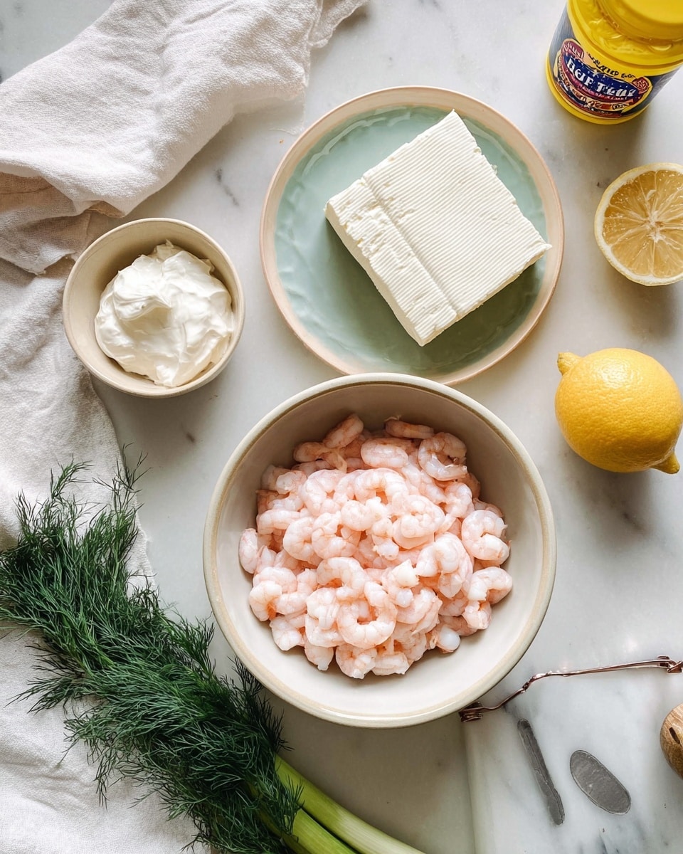 A white ceramic bowl with small light pink shrimp fills the center, placed on a white marbled surface with a white cloth underneath. Above it, a small beige bowl holds a dollop of thick white cream, and a halved lemon with a bright yellow color sits nearby. To the right, a white vintage-style plate with a pale blue-green center holds a block of white cream cheese, resting on the white cloth next to two green onions. A yellow seasoning container is partially visible in the top right corner. Small bunches of fresh green dill add a touch of color near the lower left of the frame. Photo taken with an iphone --ar 4:5 --v 7