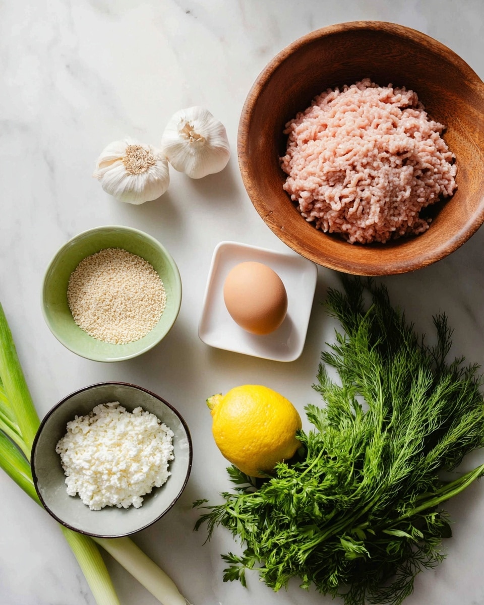 A set of ingredients is displayed on a white marbled surface, including a large wooden bowl filled with pale pink ground meat in the upper right, a small white square dish holding a single brown egg in the center, a bright yellow lemon sitting to the right of the egg, and a round gray bowl at the bottom left filled with white cottage cheese. To the left of the egg is a green bowl holding light brown breadcrumbs, while a garlic bulb lies nearby. A bunch of fresh green herbs, including dill and parsley, is spread out at the bottom right, partially overlapping a green onion with a white bulb extending out from the bottom. Photo taken with an iphone --ar 4:5 --v 7